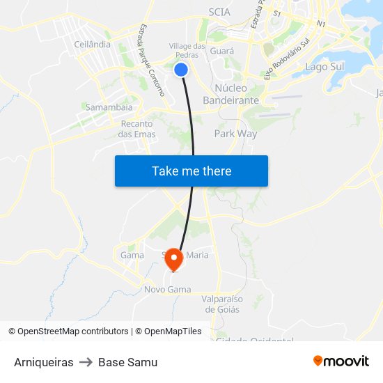 Arniqueiras to Base Samu map