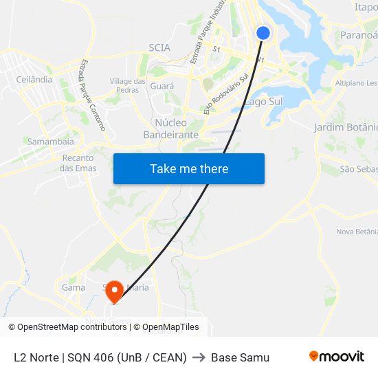 L2 Norte | SQN 406 (UnB / CEAN) to Base Samu map