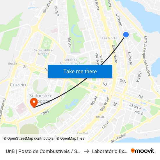 UnB | Posto de Combustíveis / Subway to Laboratório Exame map