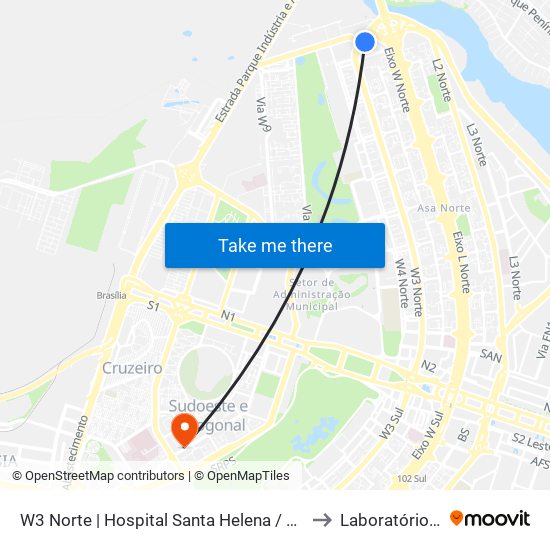 W3 Norte | Hospital Santa Helena / Santa Lúcia Norte to Laboratório Exame map