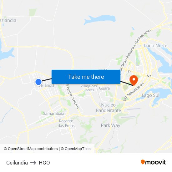 Ceilândia to HGO map
