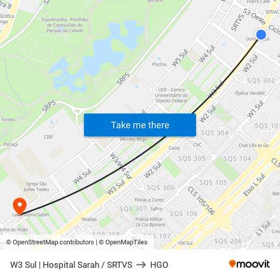 W3 Sul | Hospital Sarah / SRTVS to HGO map