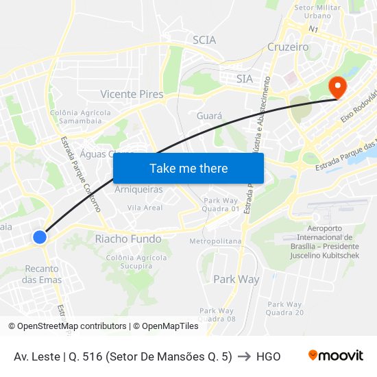 Av. Leste | Q. 516 (Setor De Mansões Q. 5) to HGO map