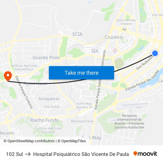102 Sul to Hospital Psiquiátrico São Vicente De Paula map
