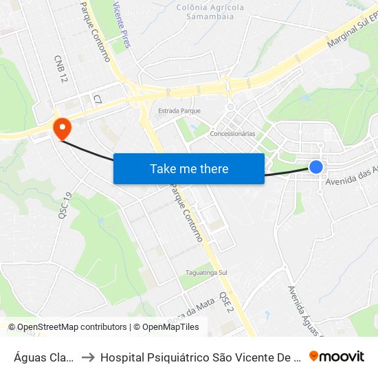 Águas Claras to Hospital Psiquiátrico São Vicente De Paula map