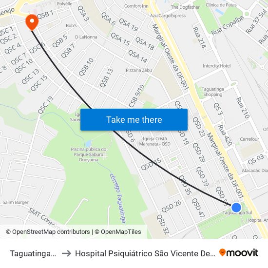 Taguatinga Sul to Hospital Psiquiátrico São Vicente De Paula map