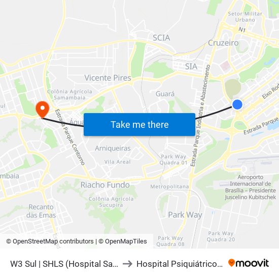 W3 Sul | SHLS (Hospital Santa Lúcia / Pão de Açúcar) to Hospital Psiquiátrico São Vicente De Paula map