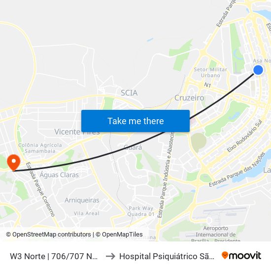 W3 Norte | 706/707 Norte (McDonald's) to Hospital Psiquiátrico São Vicente De Paula map