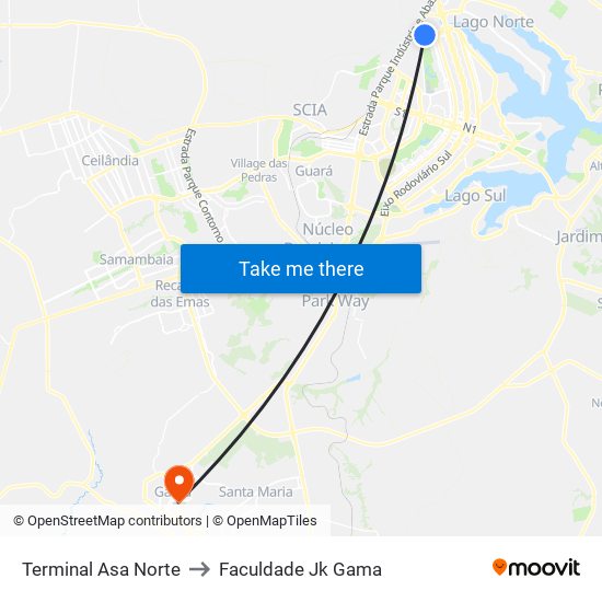 Terminal Asa Norte to Faculdade Jk Gama map