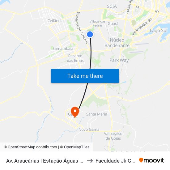 Av. Araucárias | Estação Águas Claras to Faculdade Jk Gama map