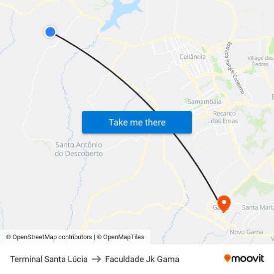 Terminal Santa Lúcia to Faculdade Jk Gama map