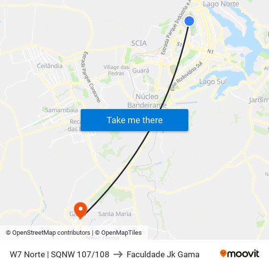 W7 Norte | SQNW 107/108 to Faculdade Jk Gama map