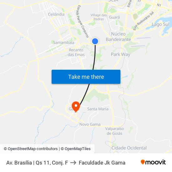 Av. Brasília | Qs 11, Conj. F to Faculdade Jk Gama map