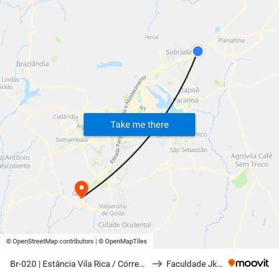 Br-020 | Estância Vila Rica / Córrego Do Arrozal to Faculdade Jk Gama map