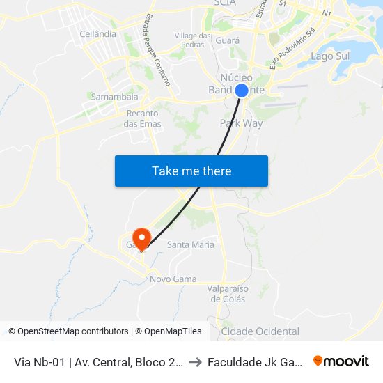 Via Nb-01 | Av. Central, Bloco 211 to Faculdade Jk Gama map