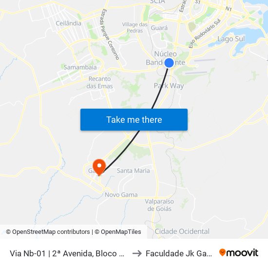 Via Nb-01 | 2ª Avenida, Bloco 320 to Faculdade Jk Gama map