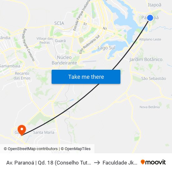 Av. Paranoá | Qd. 18 (Conselho Tutelar / UBS 1) to Faculdade Jk Gama map
