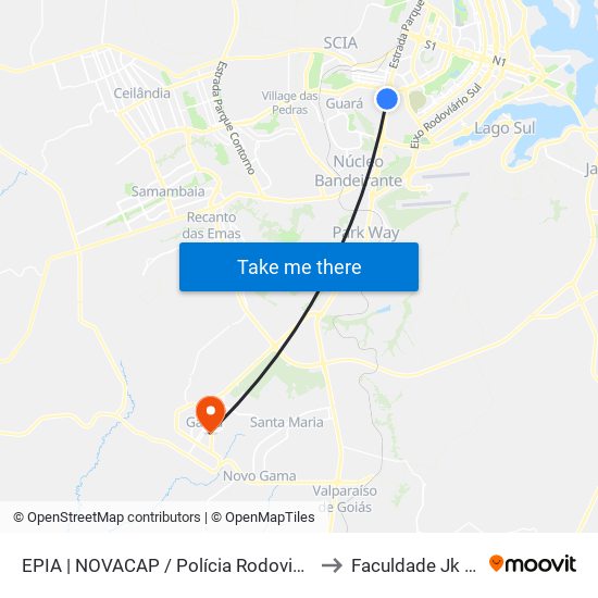 EPIA | NOVACAP / Polícia Rodoviária Federal to Faculdade Jk Gama map