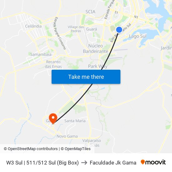 W3 Sul | 511/512 Sul (Big Box) to Faculdade Jk Gama map