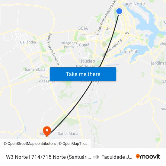 W3 Norte | 714/715 Norte (Santuário São Francisco) to Faculdade Jk Gama map