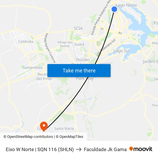 Eixo W Norte | SQN 116 (SHLN) to Faculdade Jk Gama map