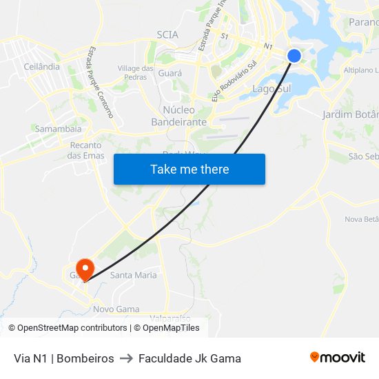 Via N1 | Bombeiros to Faculdade Jk Gama map