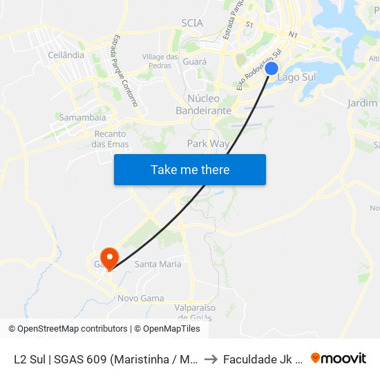 L2 Sul | SGAS 609 (Maristinha / McDonald's) to Faculdade Jk Gama map