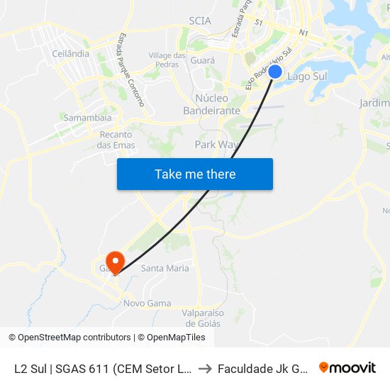 L2 Sul | SGAS 611 (CEM Setor Leste) to Faculdade Jk Gama map