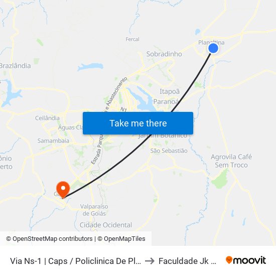 Via Ns-1 | Caps / Policlinica De Planaltina to Faculdade Jk Gama map