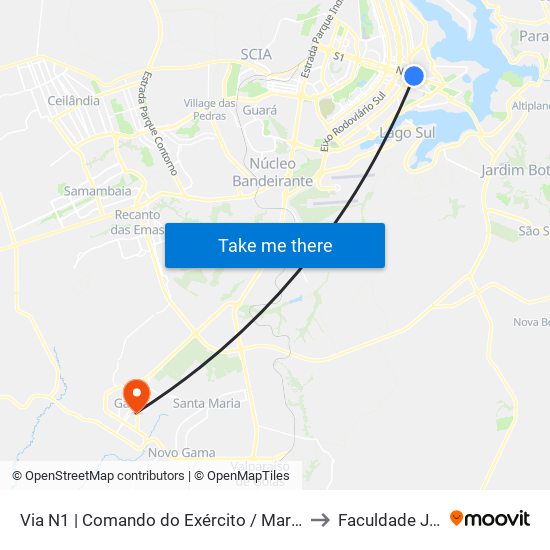 Via N1 | Comando do Exército / Marinha / Aeronáutica to Faculdade Jk Gama map