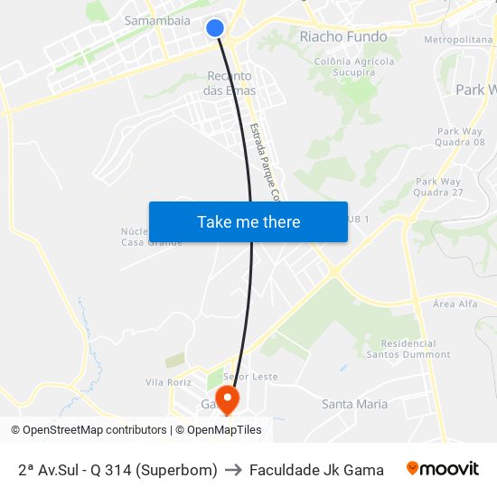 2ª Av.Sul - Q 314 (Superbom) to Faculdade Jk Gama map