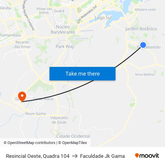 Resincial Oeste, Quadra 104 to Faculdade Jk Gama map