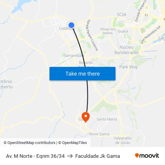 Av. M Norte - Eqnm 36/34 to Faculdade Jk Gama map