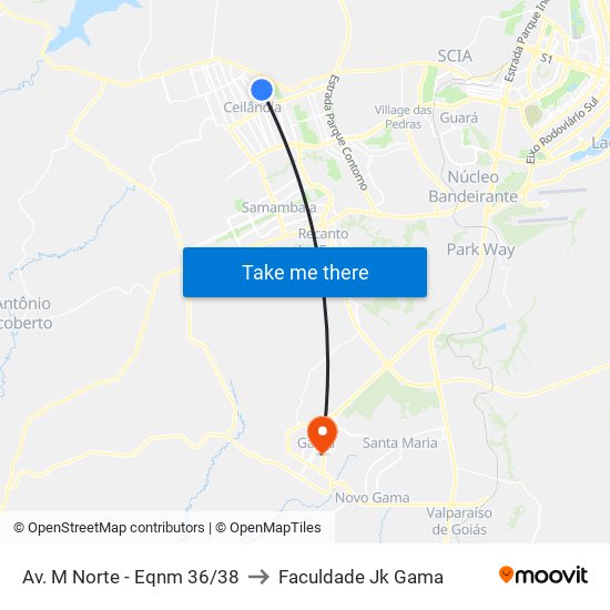 Av. M Norte - Eqnm 36/38 to Faculdade Jk Gama map