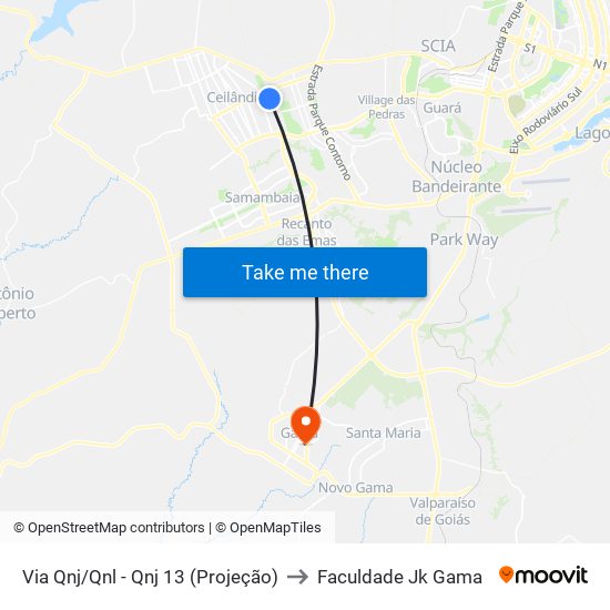 Via Qnj/Qnl - Qnj 13 (Projeção) to Faculdade Jk Gama map