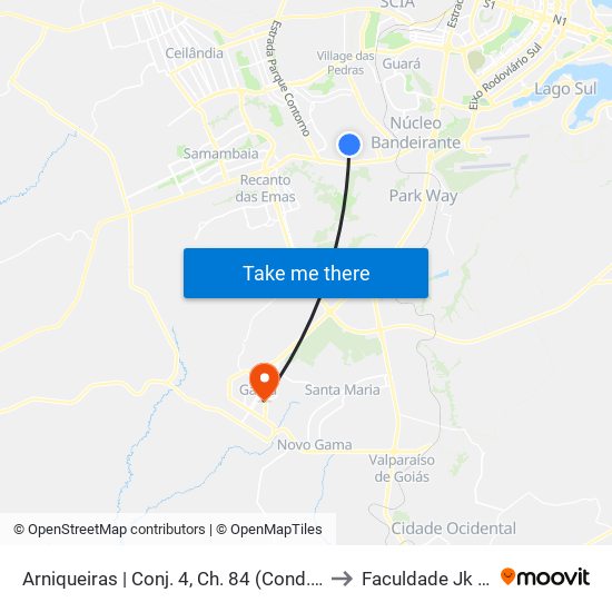 Arniqueiras | Conj. 4, Ch. 84 (Cond. Palmeiras) to Faculdade Jk Gama map