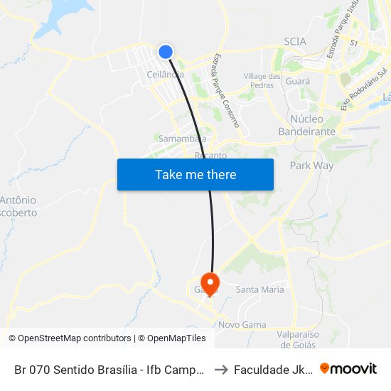 Br 070 Sentido Brasília - Ifb Campus Taguatinga to Faculdade Jk Gama map