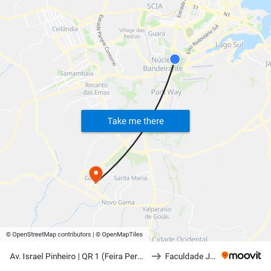 Av. Israel Pinheiro | QR 1 (Feira Permanente / CRAS) to Faculdade Jk Gama map