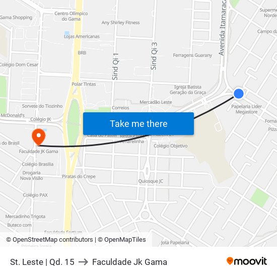 St. Leste | Qd. 15 to Faculdade Jk Gama map