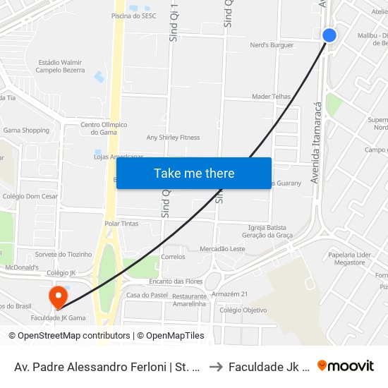 Av. Padre Alessandro Ferloni | St. Leste, Qd. 9 to Faculdade Jk Gama map