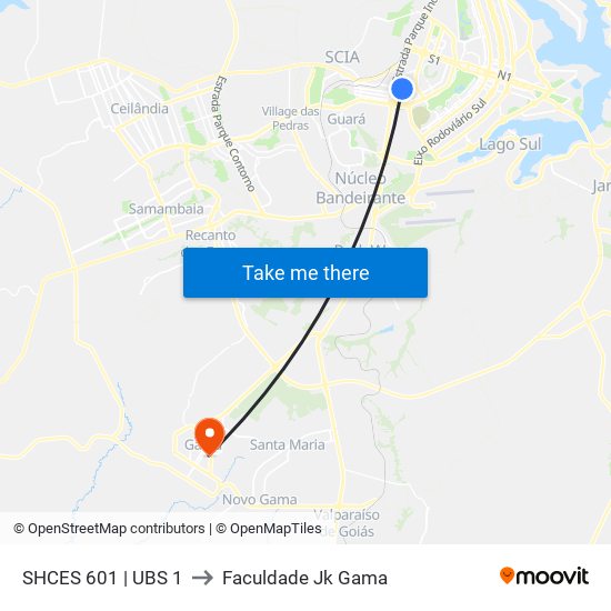 SHCES 601 | UBS 1 to Faculdade Jk Gama map