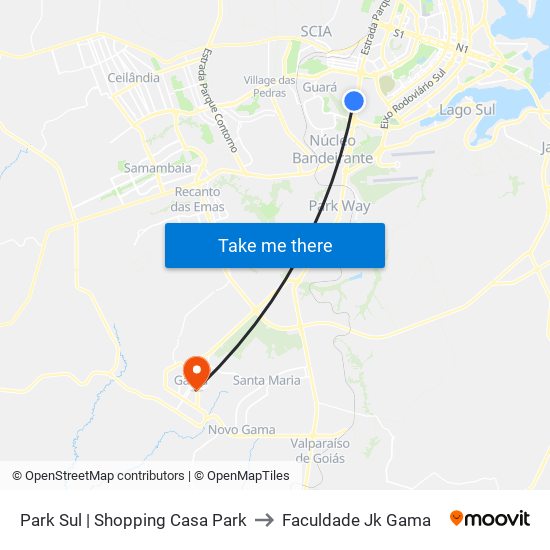 Park Sul | Shopping Casa Park to Faculdade Jk Gama map