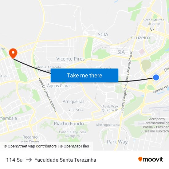 114 Sul to Faculdade Santa Terezinha map