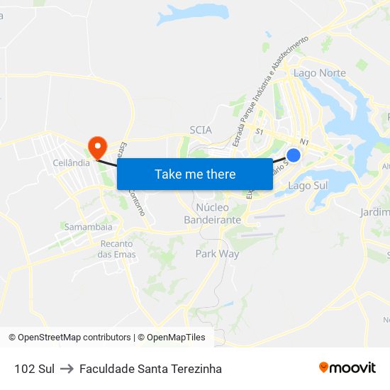 102 Sul to Faculdade Santa Terezinha map