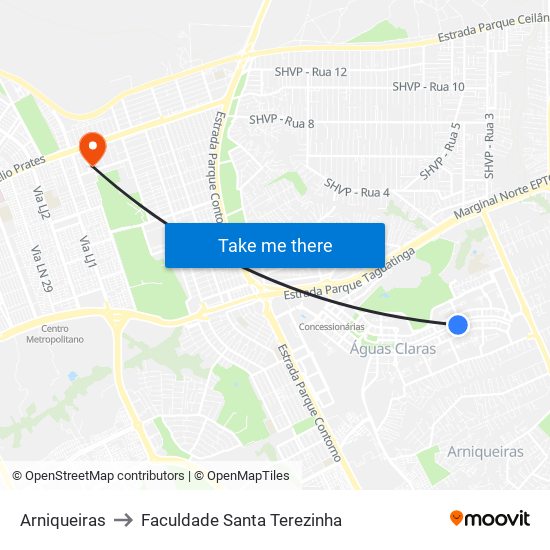 Arniqueiras to Faculdade Santa Terezinha map