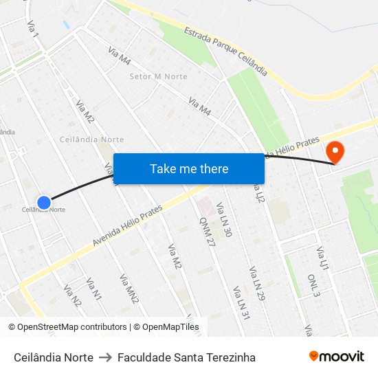 Ceilândia Norte to Faculdade Santa Terezinha map