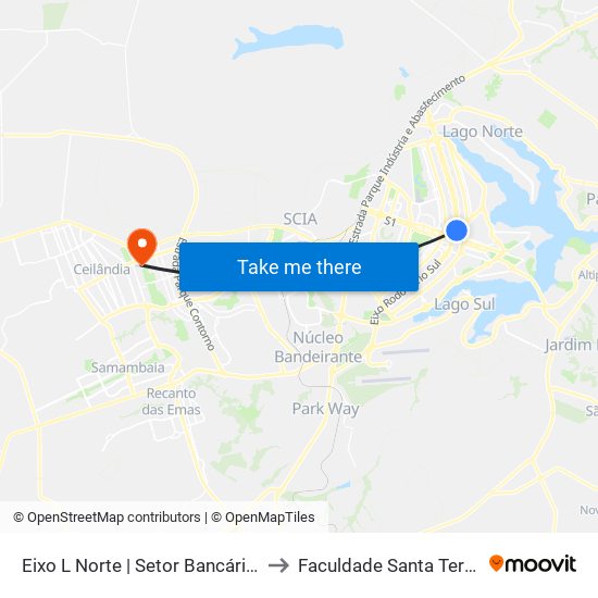 Eixo L Norte | Setor Bancário Norte to Faculdade Santa Terezinha map
