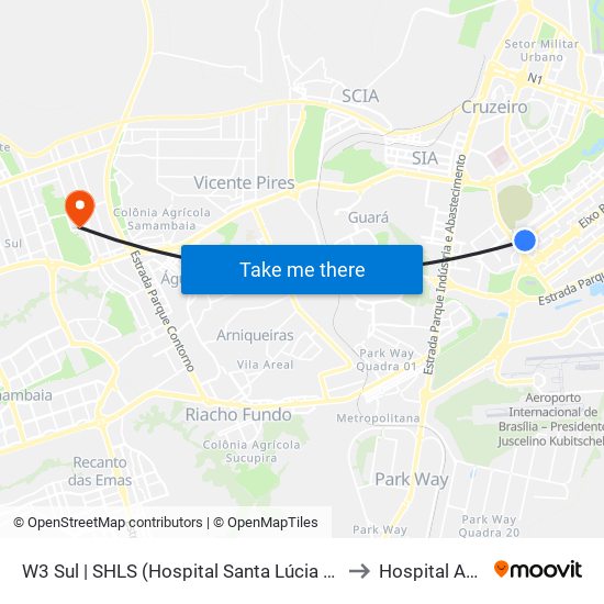 W3 Sul | SHLS (Hospital Santa Lúcia / Pão de Açúcar) to Hospital Anchieta map