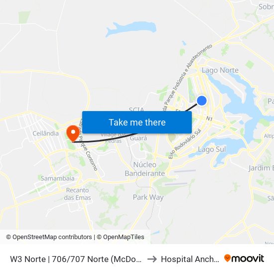 W3 Norte | 706/707 Norte (McDonald's) to Hospital Anchieta map