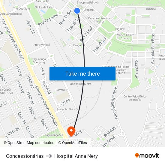 Concessionárias to Hospital Anna Nery map